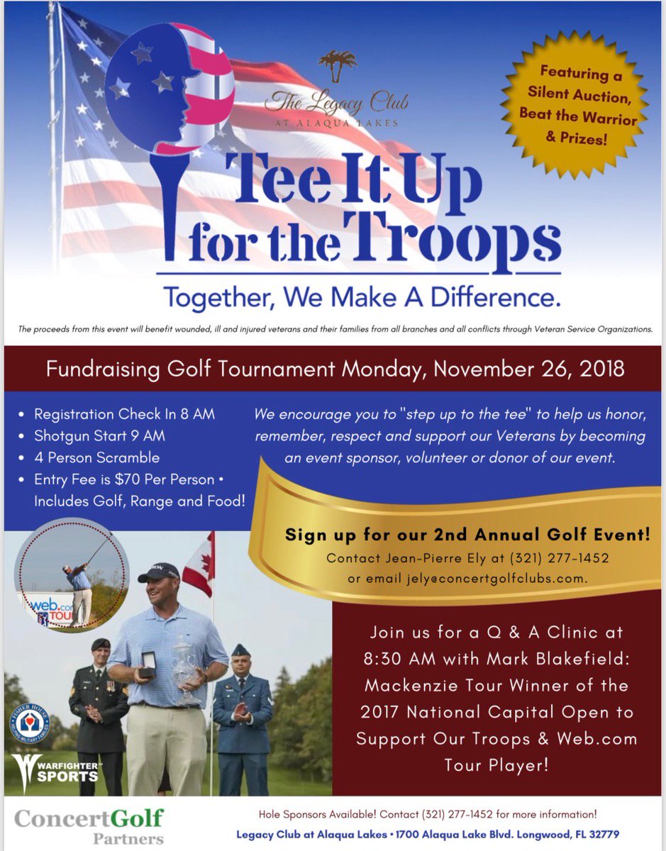 Can you #BeattheWarrior? Sign up now! #SupporttheTroops #GolfScramble
Q&amp;A with <a href="/MBlakefield/">Mark Blakefield</a>! The Legacy Club Alaqua Lakes (<a href="/HeathrowCC/">HeathrowCountryClub</a>) Longwood, Florida