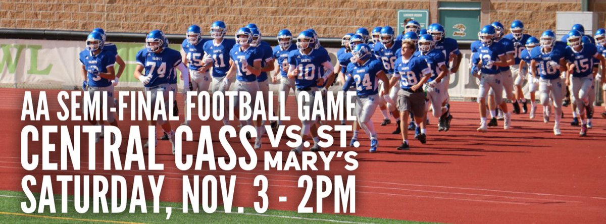 Cheer on the Saints at the AA Semi-Final Football Game!
Central Cass vs St. Mary's
Saturday, November 3
2:00pm at the Bismarck Community Bowl
Ticket Prices:  Adults - $9 &amp; Students - $6 
(No passes will be be accepted.)
GO SAINTS!