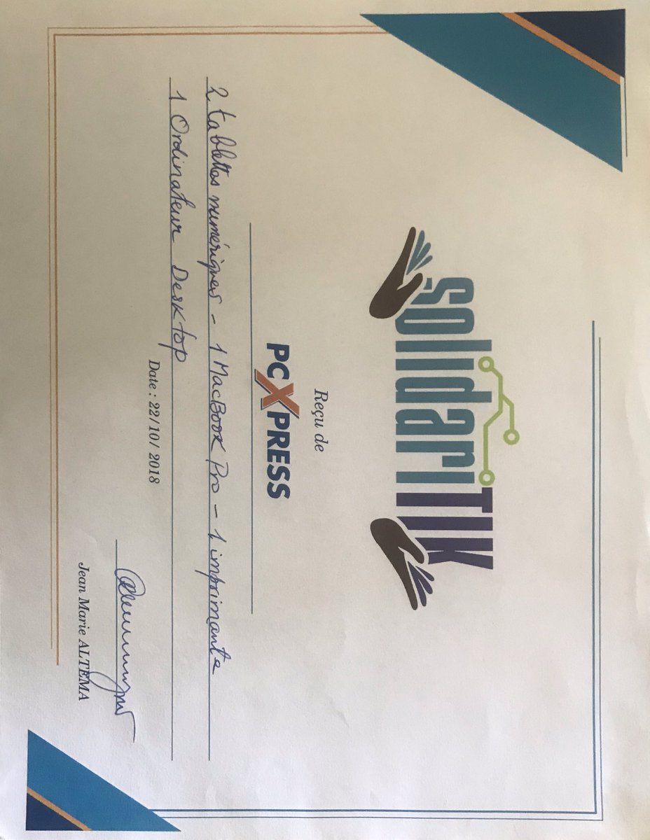 Mwen ak patnè #solidaritik yo ap remèsye tout moun ki te rann aktivite sa posib. Gras a jefò nou, kèk lekòl ap jwenn kèk zouti nimerik pou ede elèv yo. Nou rive kolekte 37 materyèl pami yo tablèt ak òdinatè. Mèsi anpil !!!