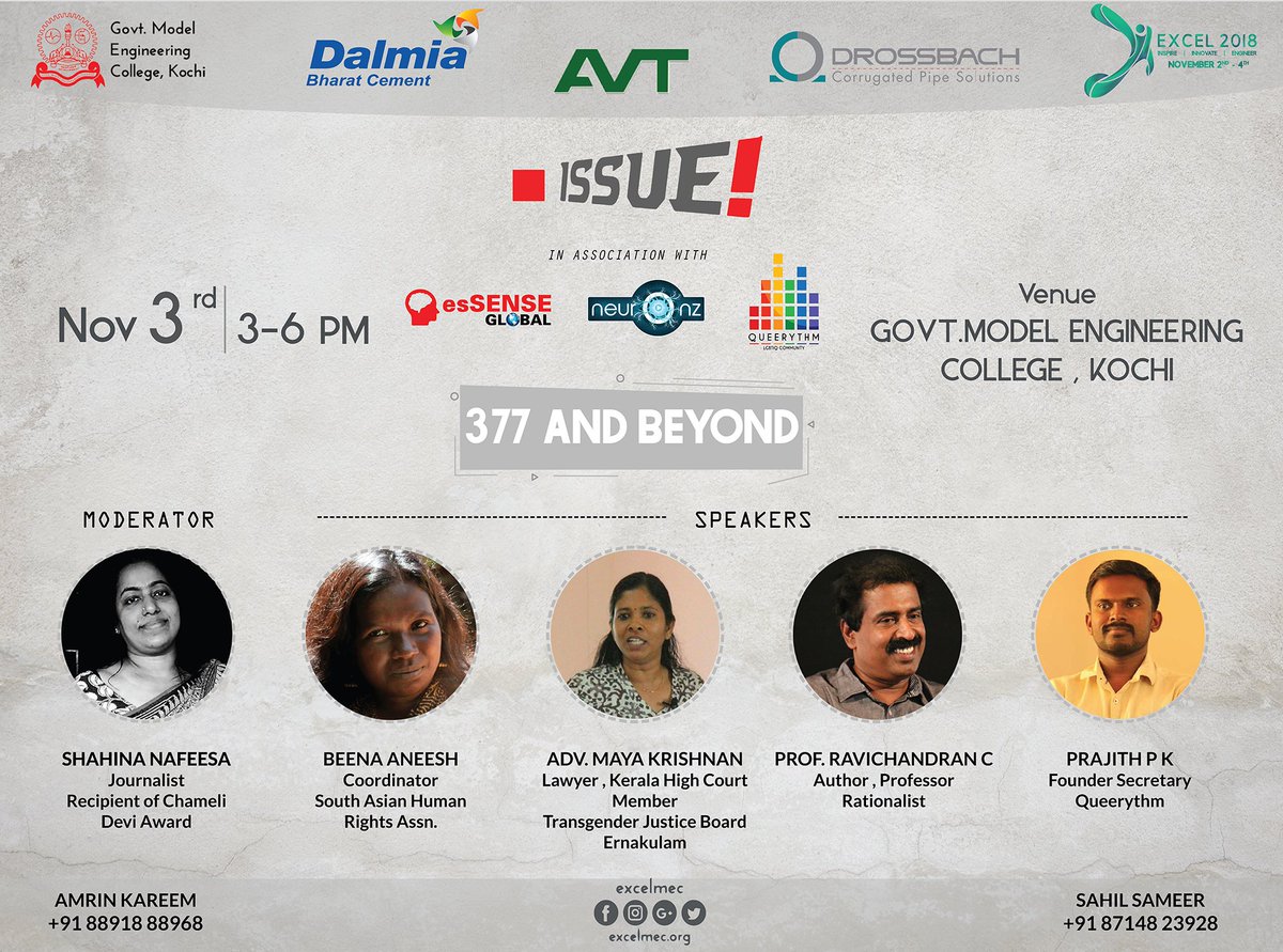 excelmec's tweet image. The long wait is over; the removal of section 377 is a milestone in the history of our society. What does the future hold for the LGBTQ Community?

Join us at Excel 2018 presents .issue! in association with esSence Global and Queerythm on November 3rd from 3 PM to 6 PM.
#ExcelMEC