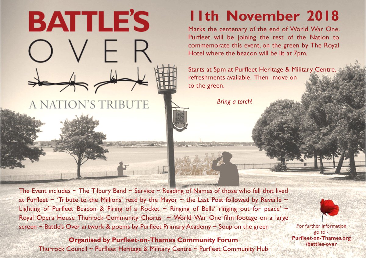 Join the Purfleet Community on 11th November for 'Battle's Over', marking the centenary of the end of World War One. Starting at 5pm at the Purfleet Heritage &amp; Military Centre, and moving on to the green. 

purfleet-on-thames.org/battles-over/ #purfleet #ourpurfleet