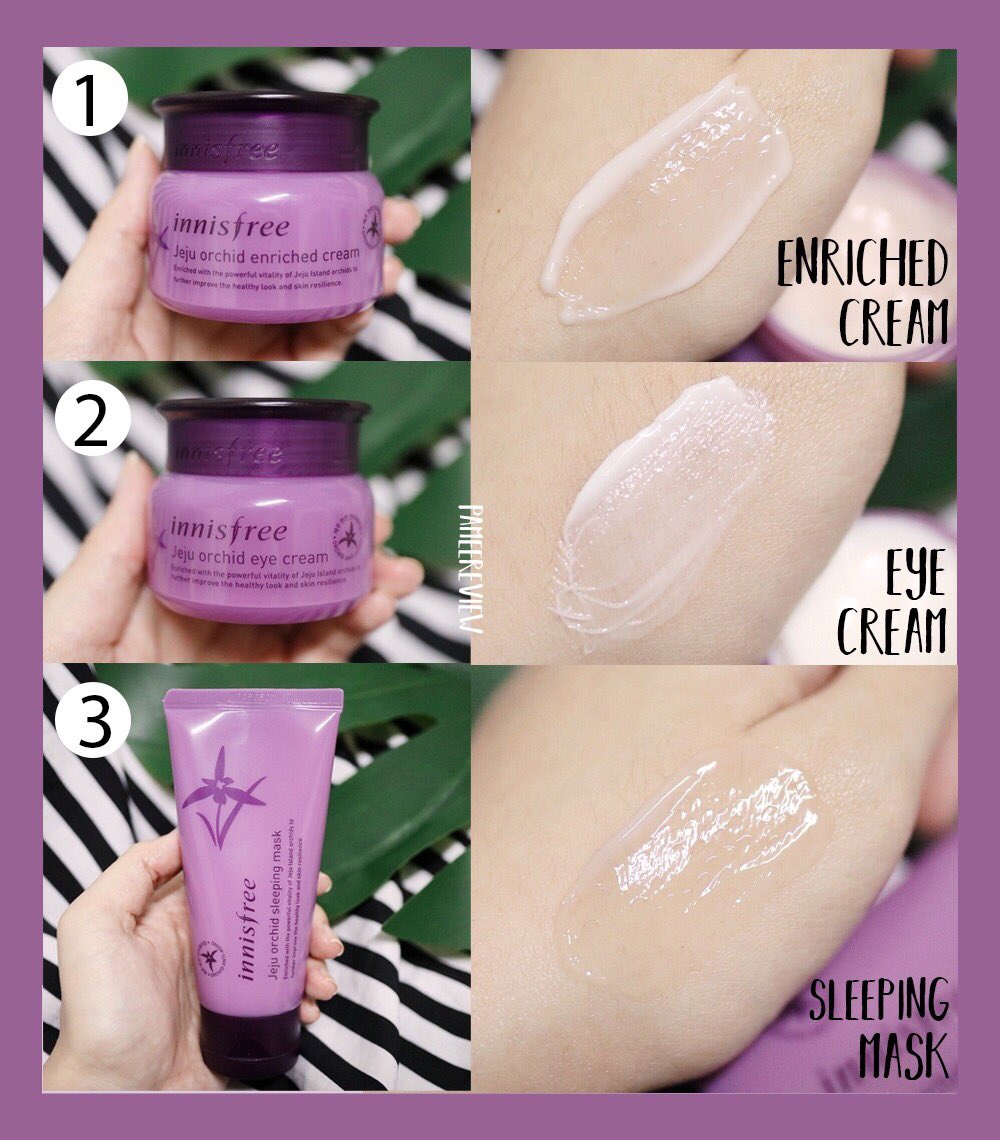 pameereview's tweet photo. Innisfree Jeju Orchid ปรับสูตรใหม่ 💜 — หลังจากได้ลองใช้มา 2 อาทิตย์ ชอบนะ ปกตินี่ไม่ค่อยใช้สกินแคร์เกาหลี ตัวนี้เนื้อดีมาก ครีมเนื้อบางเบา ชุ่มชื้นดี หลายคนน่าจะชอบ หลังทารู้สึกได้เลยว่าผิวตึงกระชับ👏🏻 อายครีม เนื้อเข้มข้นมาก ส่วนมาส์กเป็นเหมือนฟิล์มเคลือบผิว ไม่เหนอะหนะเลย https://t.co/P4u065K6tZ