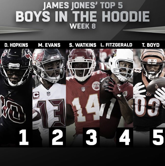 89jonesntaf's tweet photo. Who agrees with my Top 5 WRs for Week 8? 🤔 @nflnetwork #HoodiePerformance #MustSeeTV #Respect https://t.co/0CDFWHcEQP