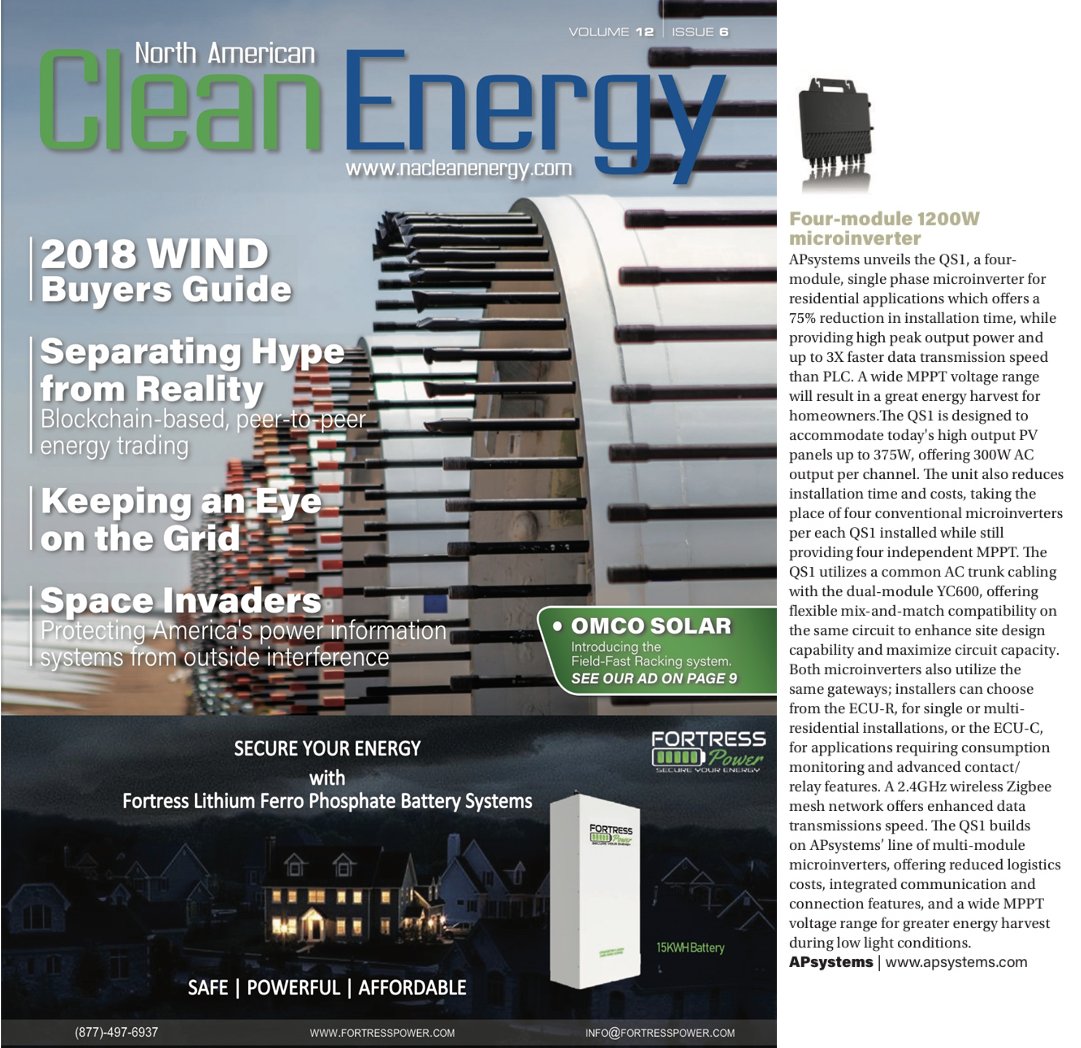 APsystemsSolar's tweet photo. Our all new QS1 4 module 1200W microinverter featured in North American Clean Energy Magazine.  https://t.co/nDh6hxvZfv  #apsystems #microinverter https://t.co/mhgYWn7N11