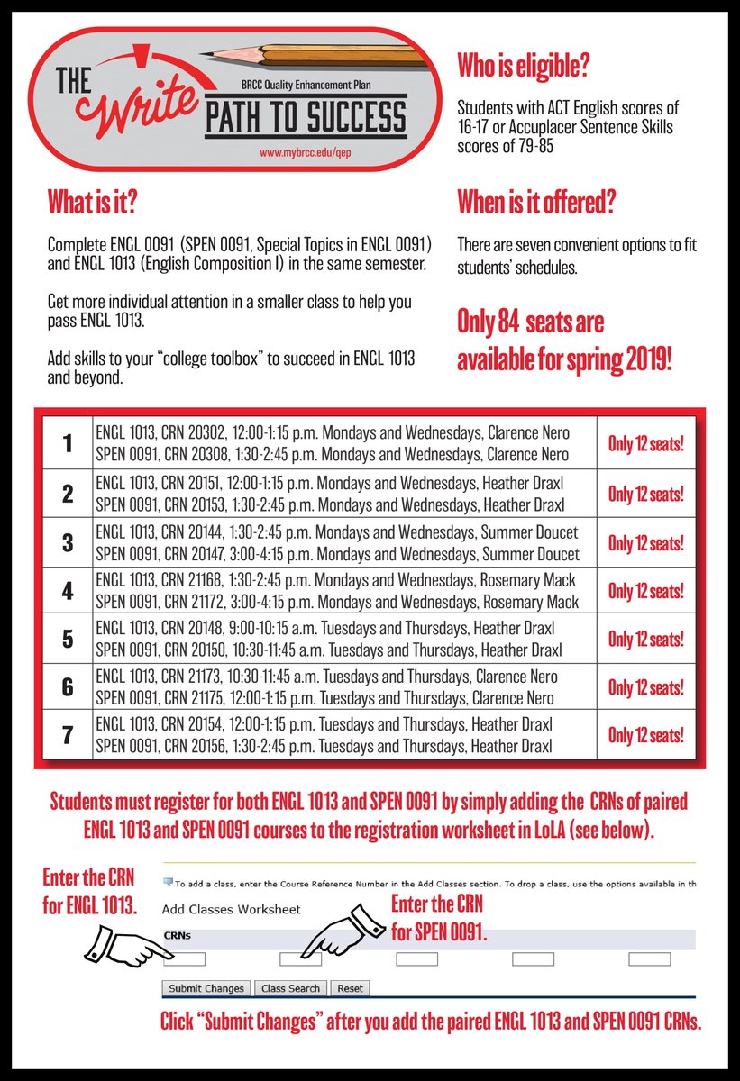 brccliberalarts's tweet image. Are you on The Write Path to Success? General registration opens Wed. Oct. 31--only 84 seats available! Don&apos;t miss this opportunity to register for ENGL 0091 &amp;amp; 1013 in the same semester! Open to students with English ACT 16-17 or Accuplacer Sentence Skills 79-85. #CoReqWorks