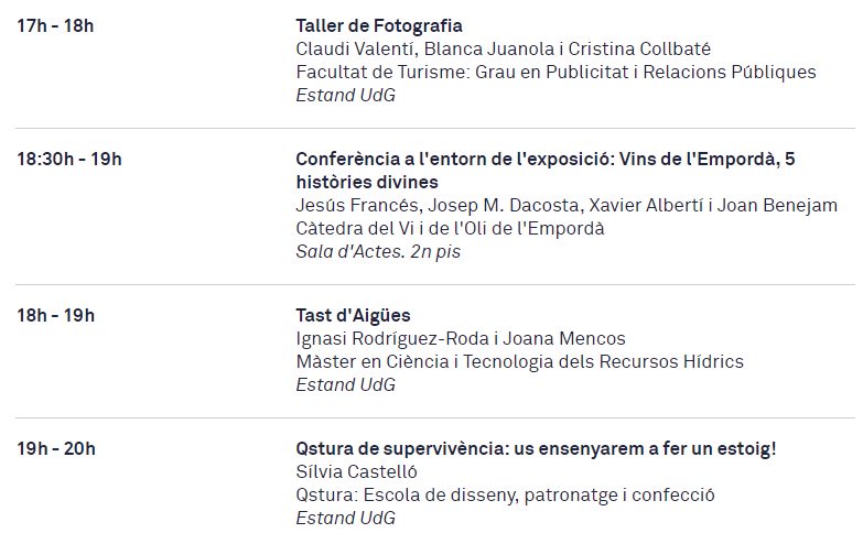 univgirona's tweet photo. Us recordem que avui a la tarda al nostre estand a la @firadegirona us oferirem tallers i xerrades relacionats amb la fotografia, la gastronomia, la confecció o l'aigua. Consulteu horaris 💦 📸👛
Us convidem a visitar-nos!
#UdGFires
#FiradeMostres
#Fires2018 https://t.co/4vx4IQnTiQ