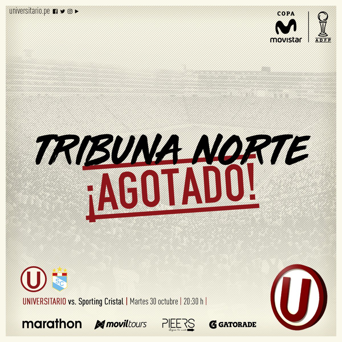 Universitario's tweet photo. 🎫 Las entradas a tribuna norte para esta noche están totalmente AGOTADAS.
👉🏼 Aún puedes comprar tu entrada para las demás tribunas vía @joinnus en https://t.co/BHbSd9EVjv y en el #BusCrema desde las 14:00 h.
¡ #VamosCremas, hagamos un lleno Monumental! https://t.co/gTLLsn2kcZ