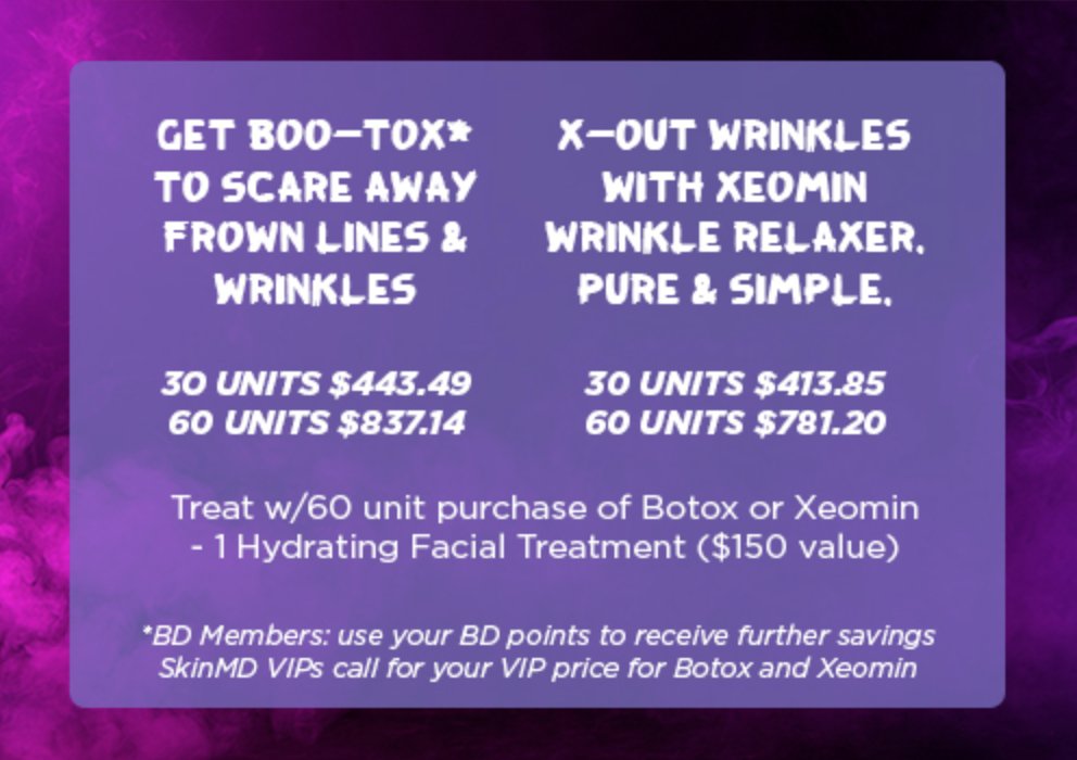 SkinMDSeattle's tweet photo. Ending Wednesday October 31.... Boo-Tox and X-Out wrinkle relaxer October specials at SkinMD
#SkinMDSeattle #BDPoints #BotoxSpecial #tweakments #HelloGorgeous #wrinkletreatments #nosweat #wrinkles #hyperhydrosis #skincare #aesthetics #porerefinement #SeattleBeauty https://t.co/yDuJXNXUAZ