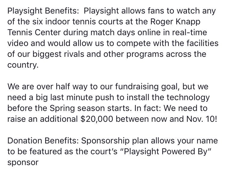 DrakeWTEN's tweet photo. Make a pledge today to support our fundraising campaign to install Playsight in the Roger Knapp Tennis Center!  You can make the donation online by visiting https://t.co/k2mILiUjwU ➡️ Put amount in box ➡️ Designation: click "other" ➡️Women's Tennis Restricted -  "Playsight" https://t.co/0JzpZaGQvD