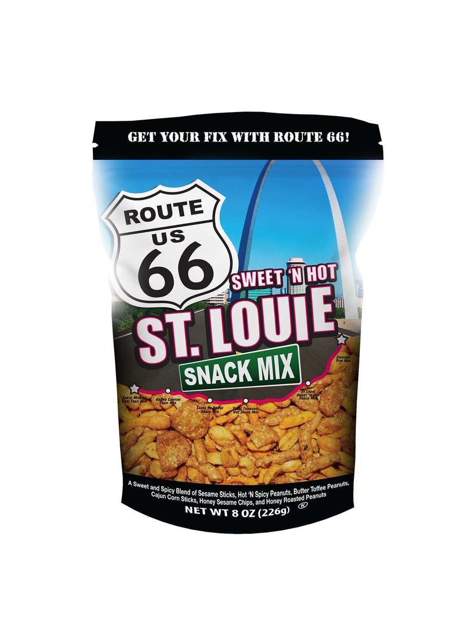 route66snackmix's tweet photo. St Louie - A sweet and spicy blend of sesame sticks, hot n spicy peanuts, butter toffee peanuts, Cajun corn sticks, honey sesame chips, and honey roasted peanuts. https://t.co/hN0EguLAf1