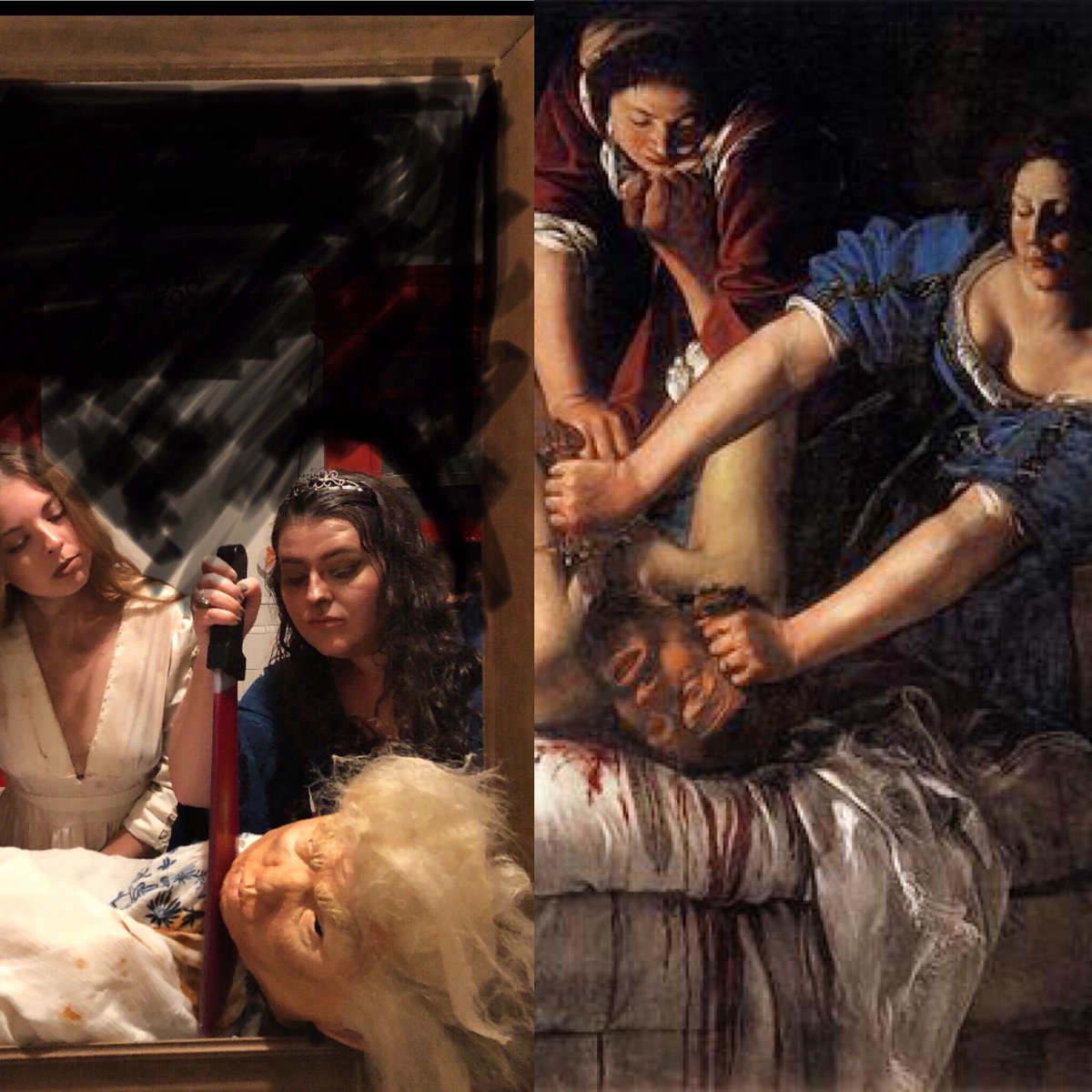 Mhams67's tweet image. My interpretation of Artimisia Gentelleschi’s painting “Judith Beheading Holofernes” #halloween #arthistorynerd #grlpwr #eattherichmaybe