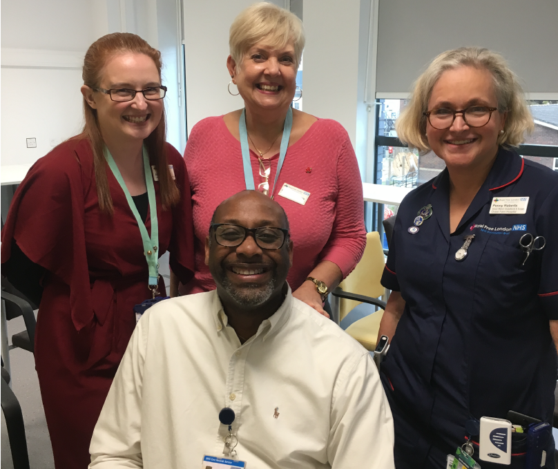 RoyalFreeNHS's tweet photo. Mr Garnett, CFH patient experience facilitator, with his flu buddies from the governance team ready to get the flu jab. Have you taken the #RFLflubuddychallenge? Help us to protect our patients, colleagues and community. Become a #flufighter today! https://t.co/hydx7jf2o6