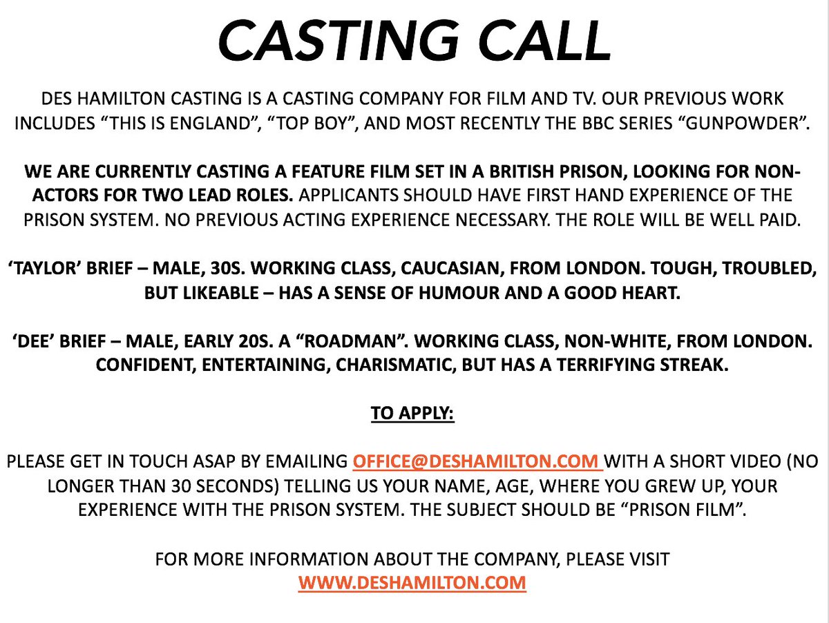 Des Hamilton Casting on X: If this is you or someone you know please get in  touch via our email office@deshamilton.com or please share!   / X