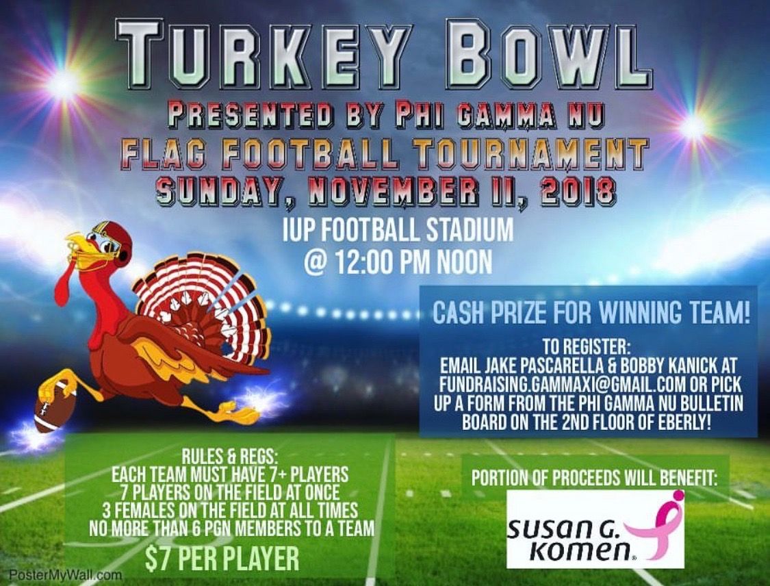 EberlyIUP's tweet photo. It is not too late to gather teams for @PGNGammaXi annual Turkey Bowl! You can register teams up until Monday, November 5 (remember to submit your money and forms). You can email phigammanu.iup@gmail.com for forms or pick them up at PGN's bulletin board. https://t.co/0Da63o6XRV