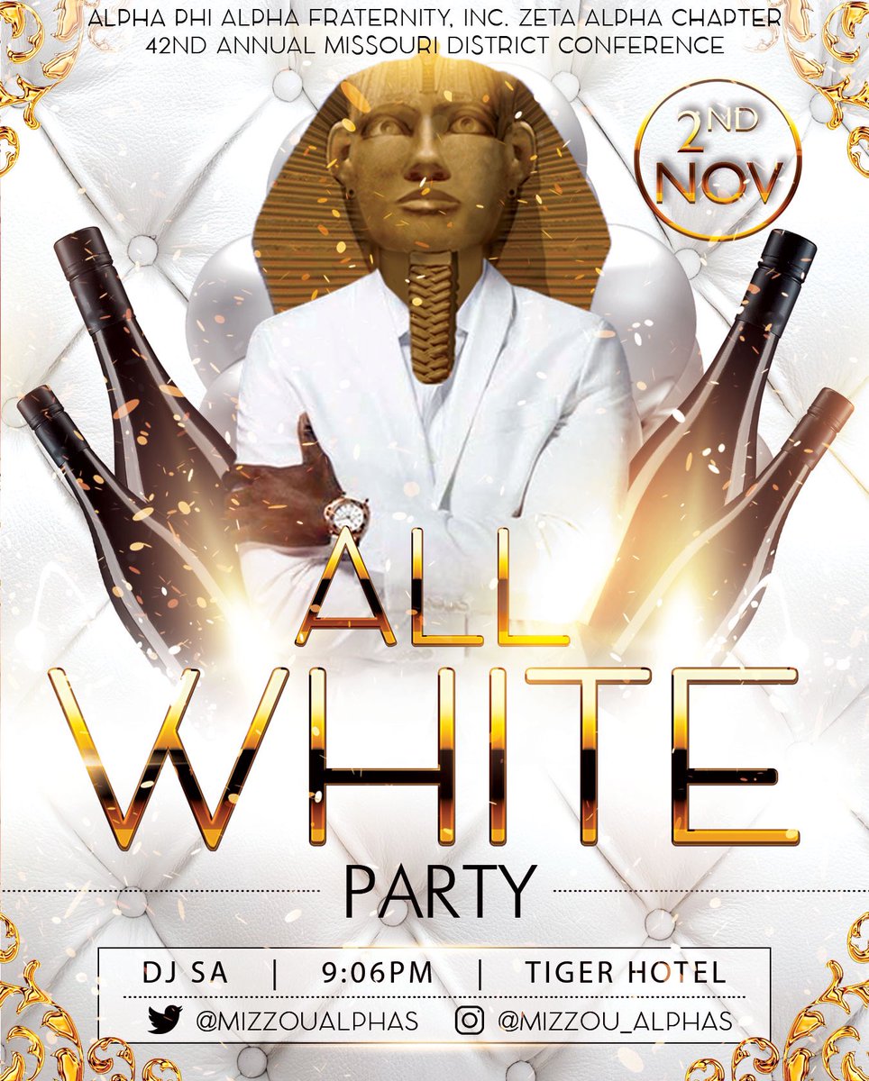MizzouAlphas's tweet image. We’re getting closer &amp;amp; closer. Come out &amp;amp; let’s have a good time. A series of events you don’t want to miss 
Friday | District Stroll Off | 7:06 PM
Friday | All-White Party | 9:06 PM
Saturday | Miss Black &amp;amp; Gold | 7:06 PM #MightyMO