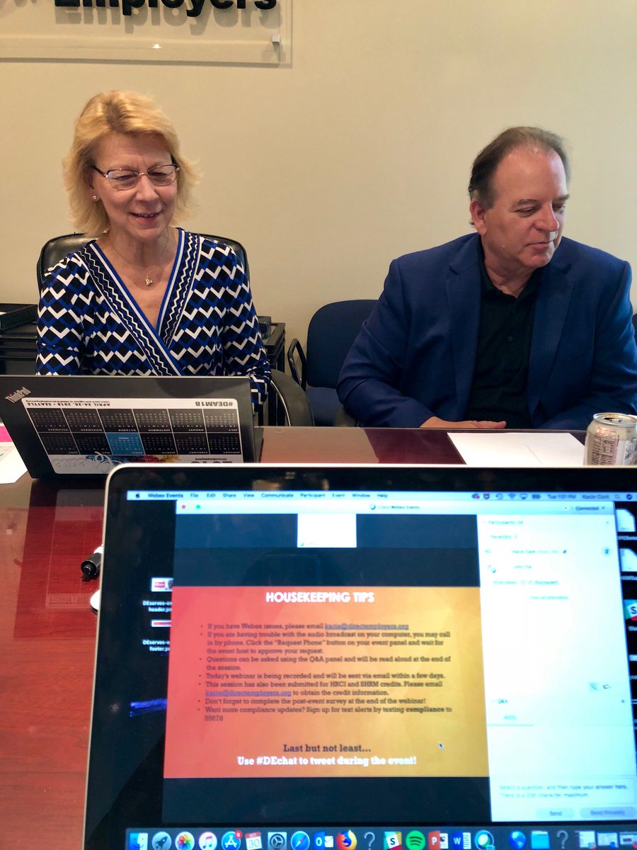 DirectEmployers's tweet photo. Our Member-exclusive, virtual mini-conference, "MAW Con" is starting now with two of our #OFCCP compliance experts, John Fox & @cjchambers13! #DEMAW18 #DEchat #HR #humanresources #emplaw #YourDE https://t.co/mYQUt0dK9j