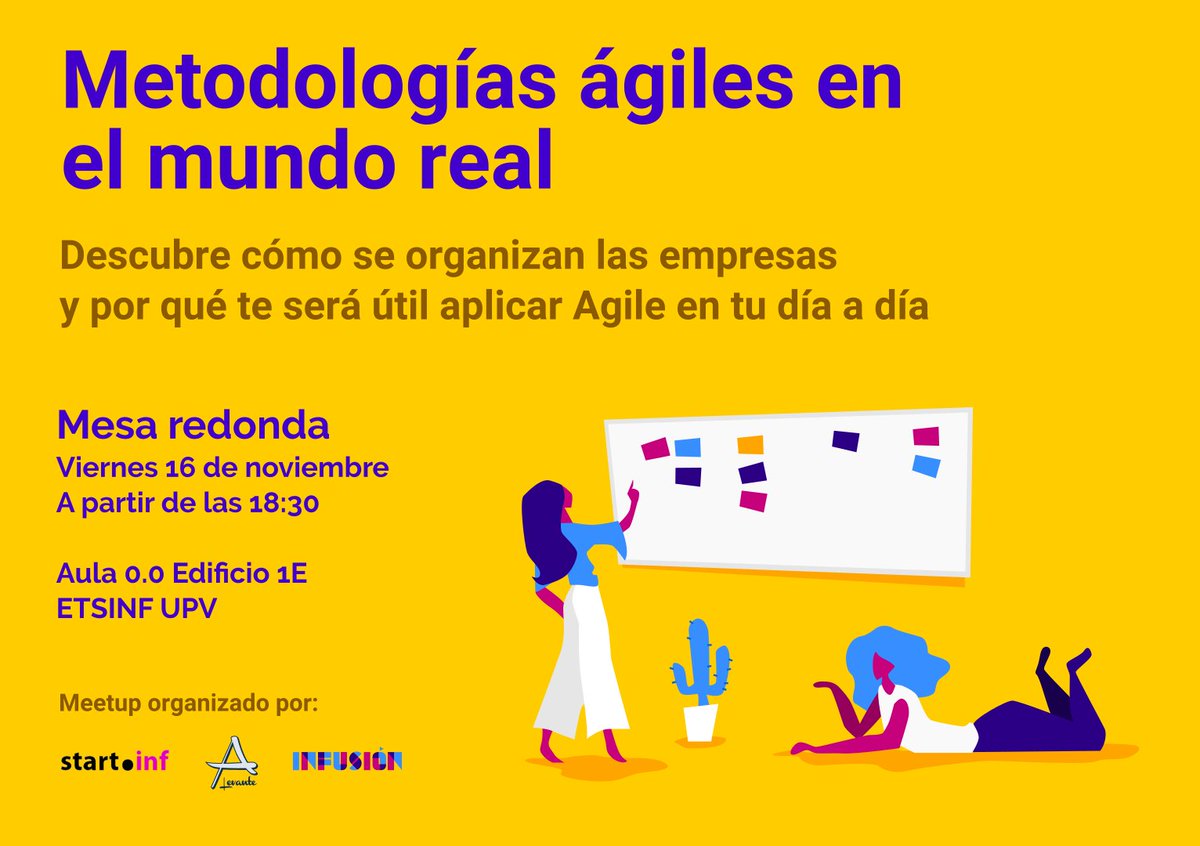 El viernes 16 de noviembre vamos a hacer una mesa redonda junto con <a href="/AgileLevante/">Agile Levante</a>. Descubre cómo aplican las metodologías ágiles los profesionales y por qué pueden serte útiles en tu día a día.

Si estás buscando trabajo o vas a empezar unas prácticas no te lo puedes perder 😉