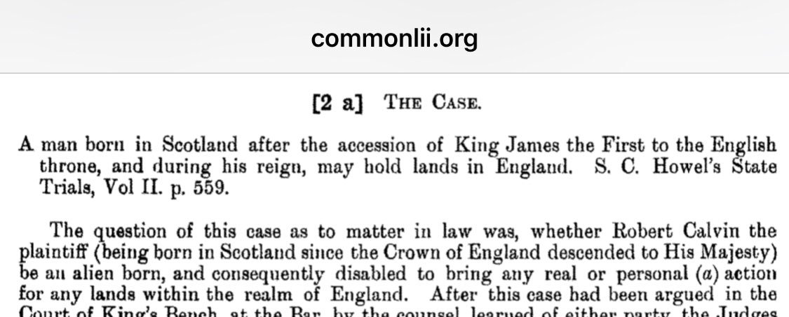 Here's how the King's Bench framed the legal issue: "whether Robert Calvin the plaintiff ... be an alien born, and consequently disabled to bring any real or personal action for any lands within the realm of England." http://www.commonlii.org/uk/cases/EngR/1572/64.pdf