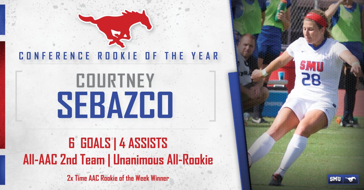 SMUSoccerW's tweet photo. Courtney Sebazco named @American_WSoc Rookie Of The Year! Sebazco scored six goals and added four assists on the season. Sebazco also selected second-team All-Conference and unanimous All-Rookie! https://t.co/JUpzGcYUtd