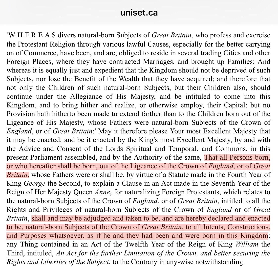 The 1772 edition of the BNA has since been repealed and replaced by a normally-worded statute, but here's the key languageBasically if you were born in the Empire, you were a citizen of – and subject to – the Crown http://www.uniset.ca/naty/BNA1772.htm