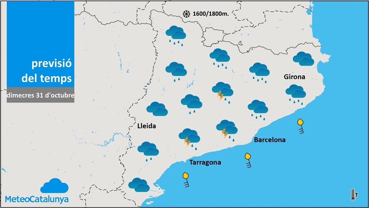 Dimecres marcat per la pluja a tot #Catalunya. Pluja forta al litoral i prelitoral central durant la matinada i primeres hores del matí. A la tarda pluja més concentrada al nord i nord-est. Vent fort de component sud a tot el litoral. #meteocatalunya