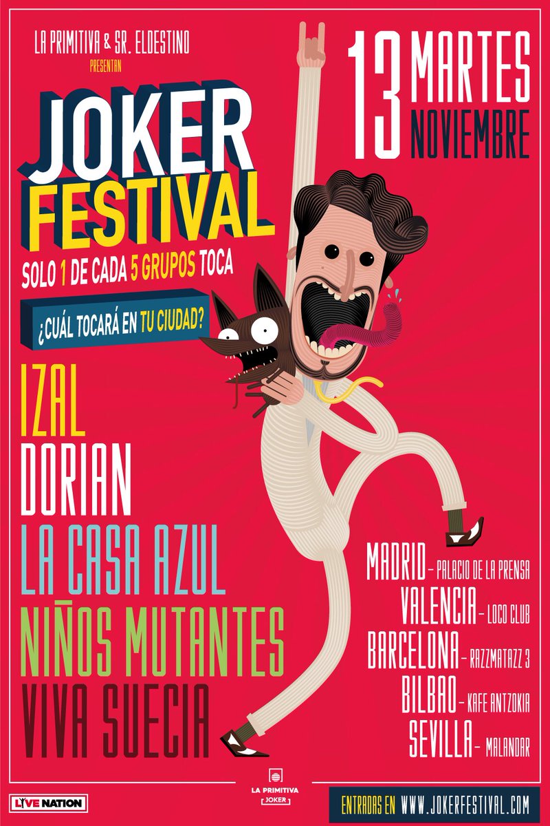 LiveNationES's tweet image. ¡Llega Joker Festival! 5 bandas: Izal, Viva Suecia, Los Niños Mutantes, Dorian y La Casa Azul; y 5 ciudades: Barcelona, Madrid, Valencia, Sevilla y Bilbao.
¿Quién tocará en cada ciudad? Consigue tu entrada participando en El Joker de La Primitiva a partir del 5 de noviembre