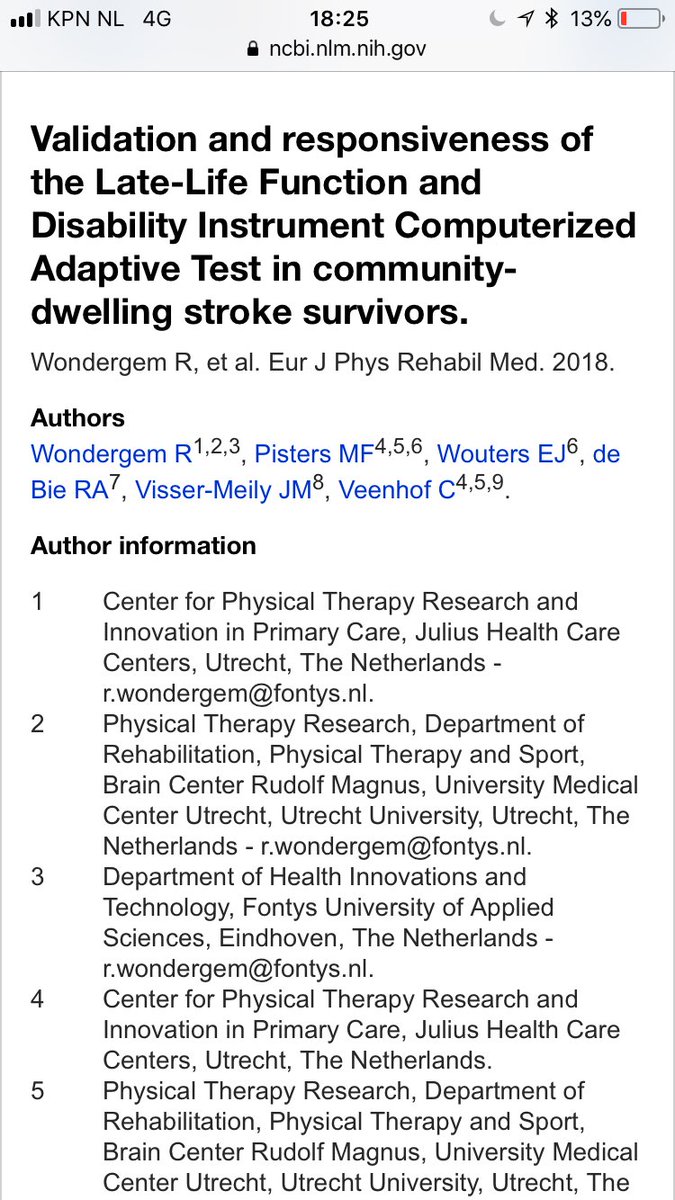 Martijn Pisters (@martijnfpisters) on Twitter photo Congrats <a href="/RoderickWonderg/">Roderick Wondergem</a> <a href="/RiseStudie/">Rise</a> with your publication bit.ly/2CQYgUP on computer adaptive testing using LLFDI in community dwelling stroke survivors <a href="/AWFUtrecht/">AWF Utrecht</a> @FontysFPH @U_Hersencentrum <a href="/AnneVisserMeily/">Anne Visser-Meily</a> <a href="/CindyVeenhof/">Cindy Veenhof</a> <a href="/ejmwouters/">Eveline Wouters</a> <a href="/RobAdeBie/">Rob de Bie</a> Congrats <a href="/RoderickWonderg/">Roderick Wondergem</a> <a href="/RiseStudie/">Rise</a> with your publication bit.ly/2CQYgUP on computer adaptive testing using LLFDI in community dwelling stroke survivors <a href="/AWFUtrecht/">AWF Utrecht</a> @FontysFPH @U_Hersencentrum <a href="/AnneVisserMeily/">Anne Visser-Meily</a> <a href="/CindyVeenhof/">Cindy Veenhof</a> <a href="/ejmwouters/">Eveline Wouters</a> <a href="/RobAdeBie/">Rob de Bie</a>