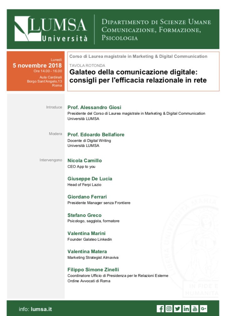 #GalateoLinkedIn arriva in LUMSA Università!

📆 Lunedì 5 Novembre a #Roma, ⏰ ore 14.00. 
⛔️L'evento è riservato agli #studenti LUMSA.