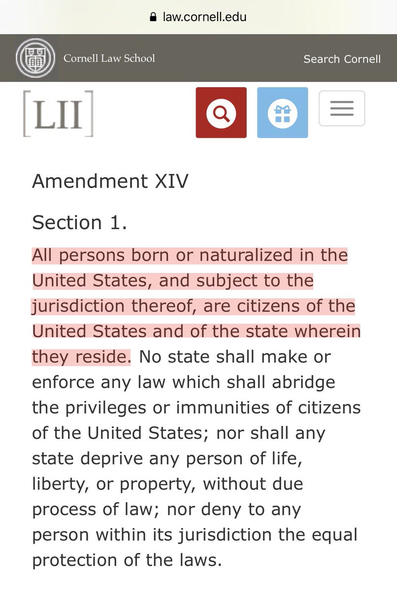 The first section of the Fourteenth Amendment reads:"All persons born or naturalized in the United States, and subject to the jurisdiction thereof, are citizens of the United States and of the state wherein they reside." https://www.law.cornell.edu/constitution/amendmentxiv