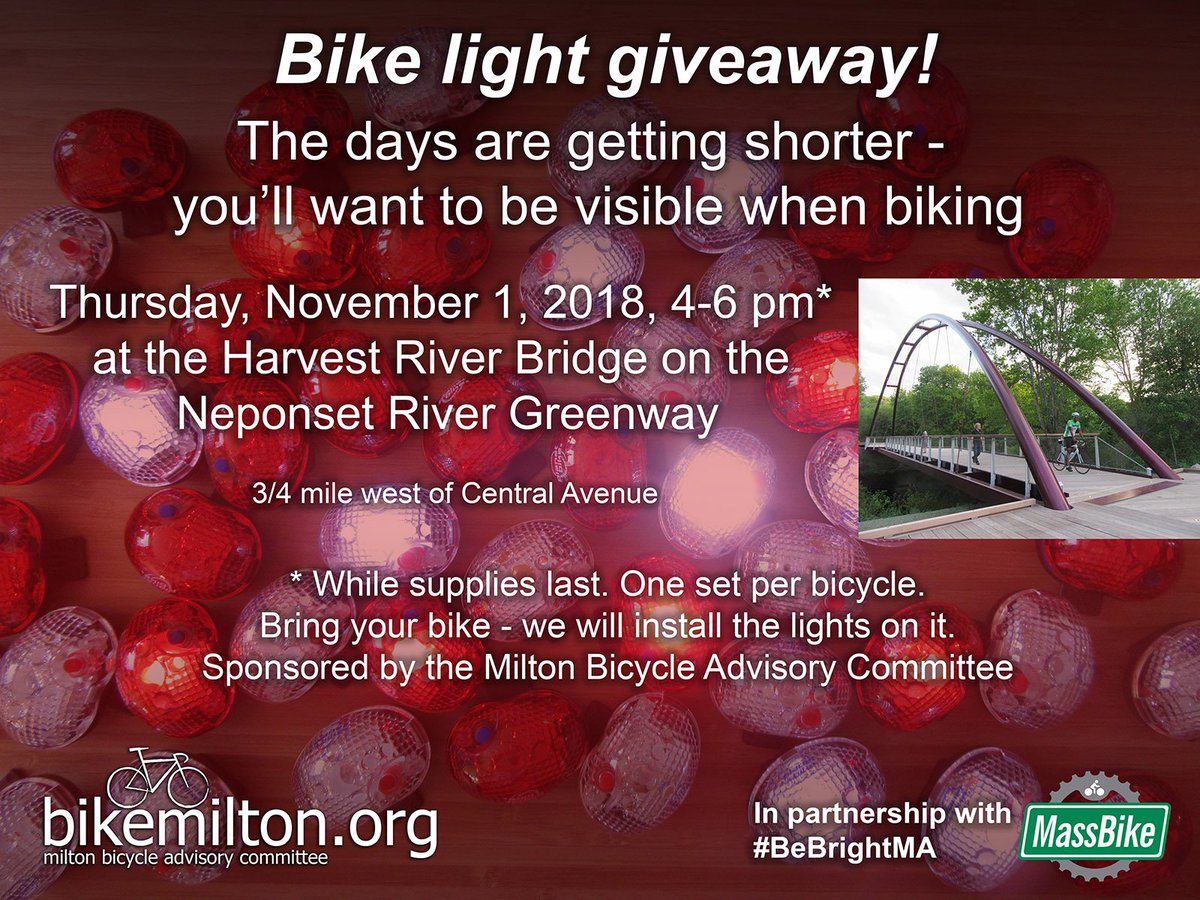 BikeMilton's tweet photo. We'll be giving away bike lights on the #NeponsetGreenway at the Harvest River Bridge Thursday afternoon. #MBLightBrigade #BeBrightMA #MiltonMA #Mattapan https://t.co/9e06SfbeD7