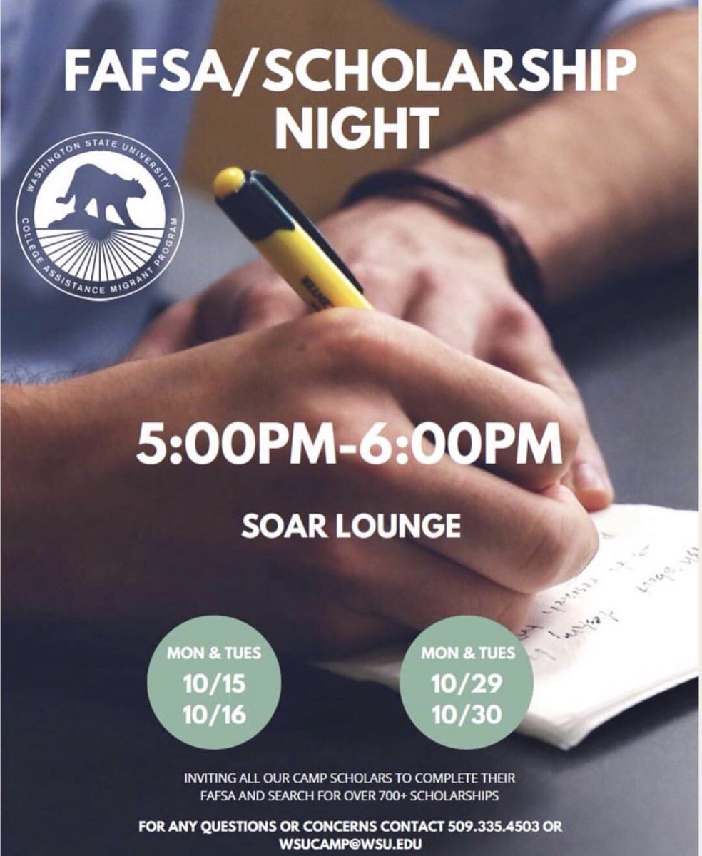 Last day to get your FAFSA and scholarships checked out!!! Come by at 5pm at Soar Lounge #wsucamp #gocougs #vamoscougs #scholarships #fafsa