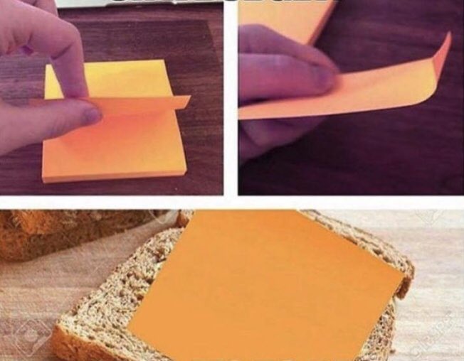 unhandyhints's tweet photo. HANDY HINT 39: On a budget? Substitute cheese with orange post-it notes from the stationary cupboard https://t.co/6ihdVMl8Z7