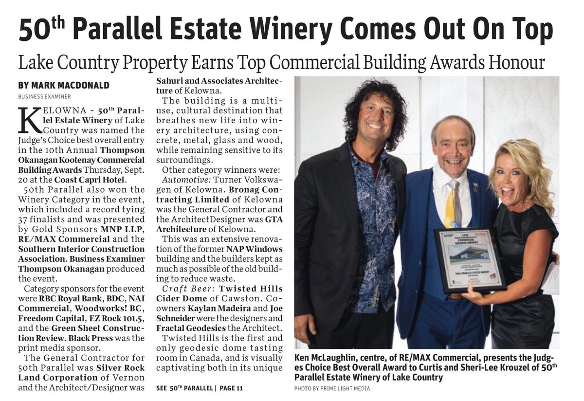 kmclaughlinCCIM's tweet photo. Ken Mclaughlin of the MCL Real Estate Group (RE/MAX Commercial) presents the Judge's Choice Award in the 10th Annual Thompson Okanagan Kootenay Commercial Building Awards. Congrats to 50th Parallel Estate Winery.
#kenmclaughlin #mclrealestate #remaxcommercial #remaxkelowna #remax https://t.co/FH2SBhz6jN