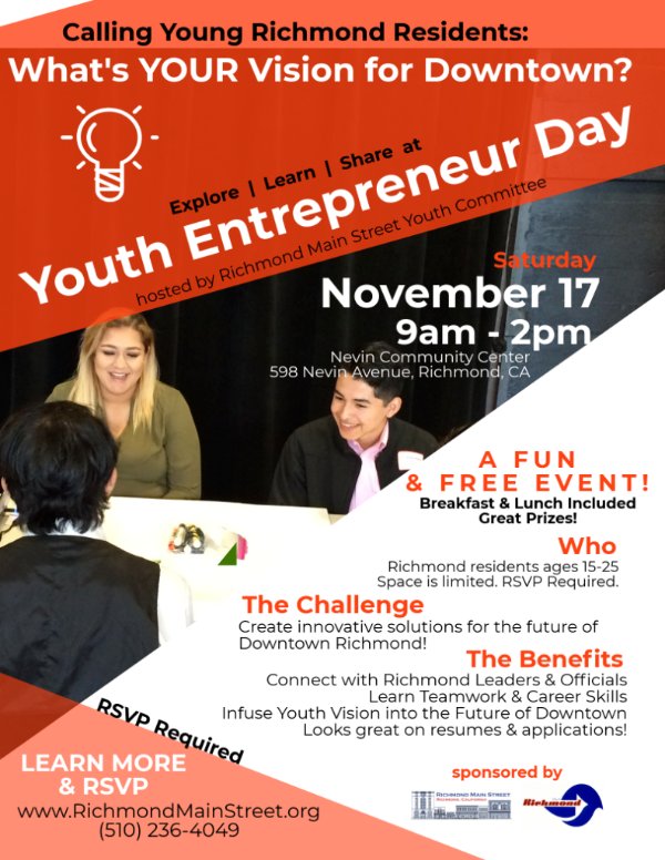 RMSI's tweet photo. 📣 Calling all Young #RichmondCA Residents for Youth Entrepreneur Day 2018! *a fun &amp; free event* explore, learn &amp; shape the future of #DowntownRichmond Gain #leadership #teamwork #business skills Learn more &amp; RSVP https://t.co/KgeLHN6eqS https://t.co/zHaRFGCsDb