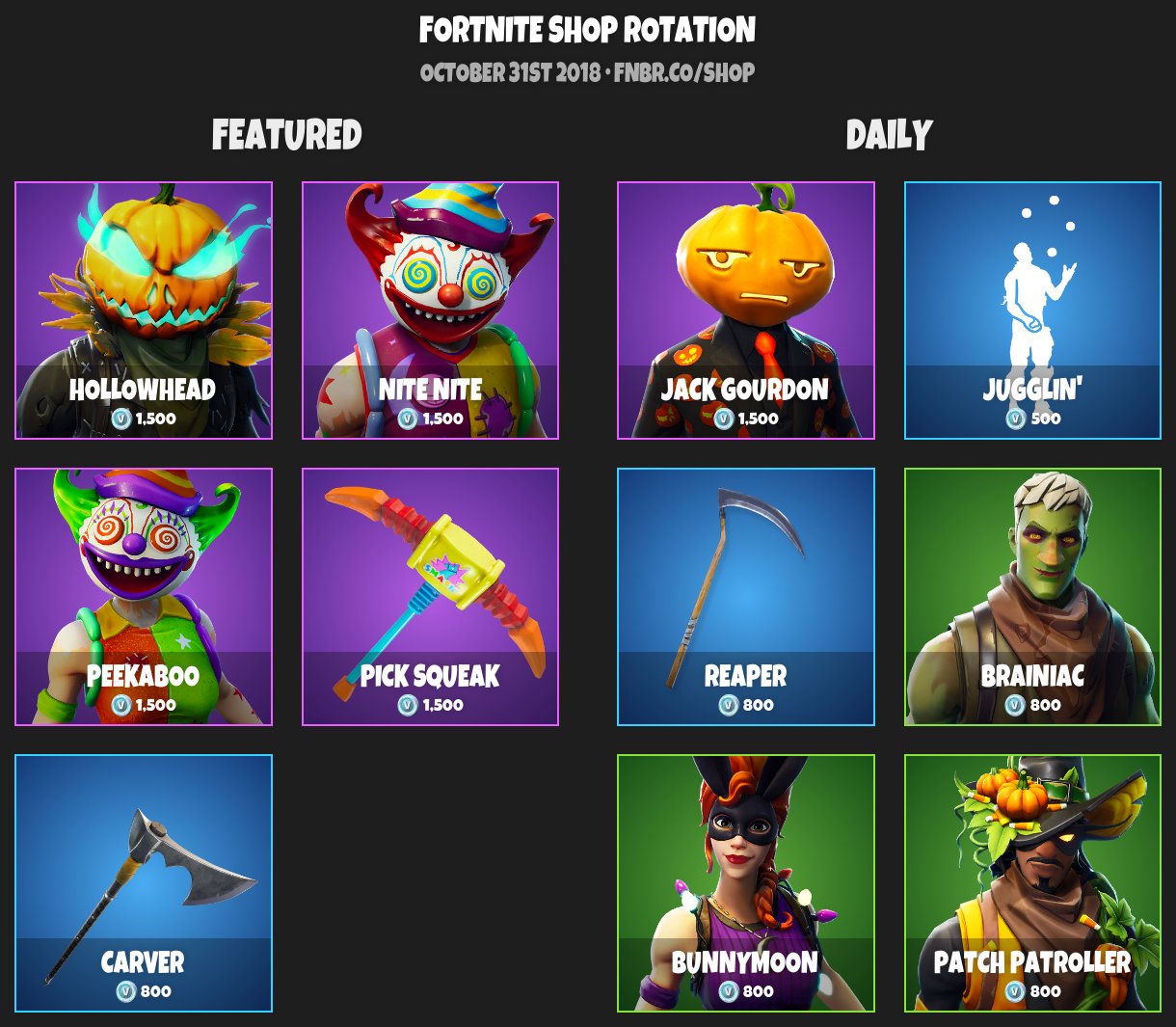 Fnbr Co On Twitter Fortnite Item Shop For October 31st 2018 Https T Co Nxpckxmqqb