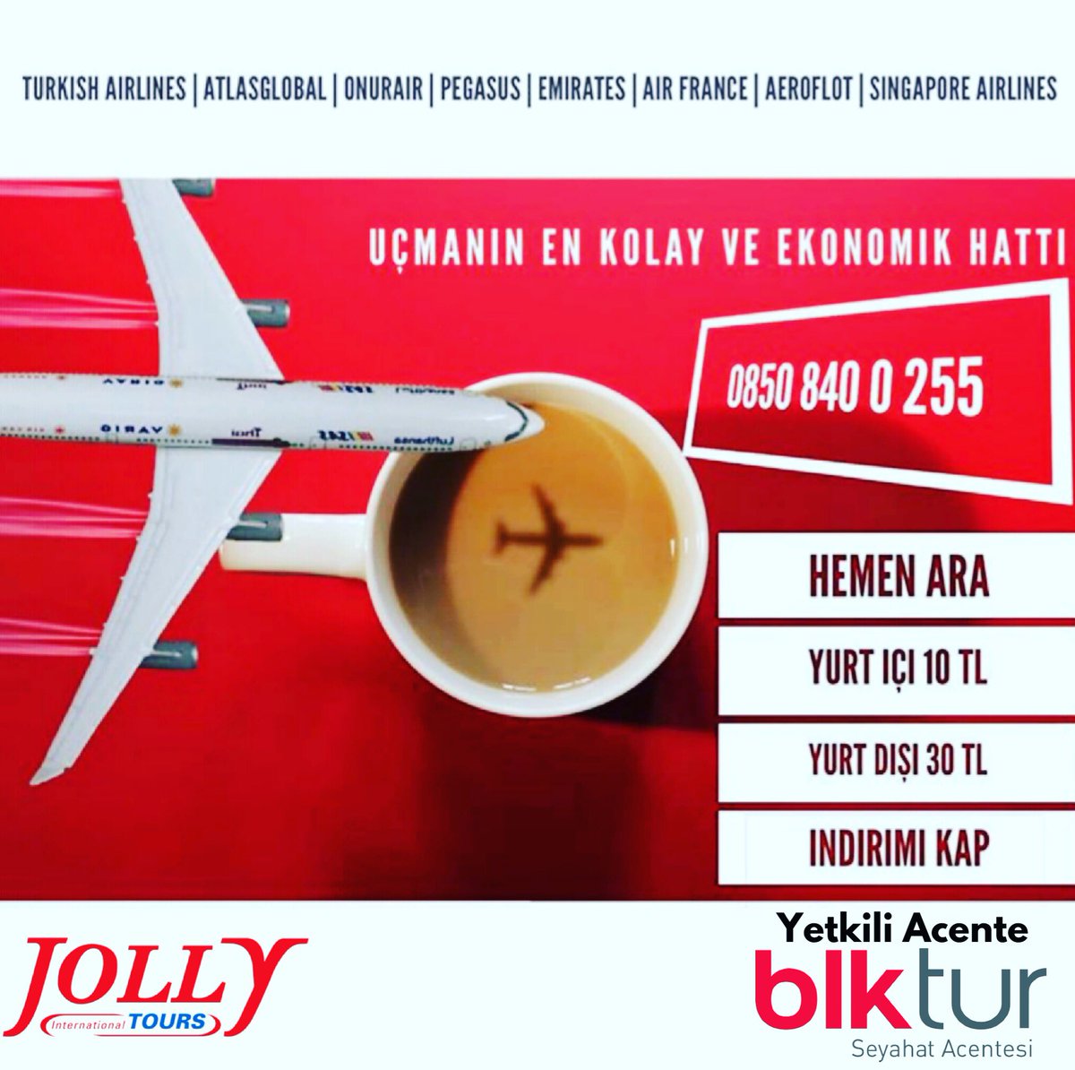 Tüm dünya uçak biletlerine ulaşmak sadece bir telefon uzaklıkta✈️ 
Üstelik bu tanıtım üzerinden aradığını belirten herkese👍
.
Yurt içi biletlerde 10 TL
Yurt dışı biletlerde 30 TL
👇İ-N-D-İ-R-İ-M👇
Son Gün 10 Kasım

Alo Bilet Hattı
☎️0850 840 0 255
WhatsApp Hattı
📱0546 840 0 255