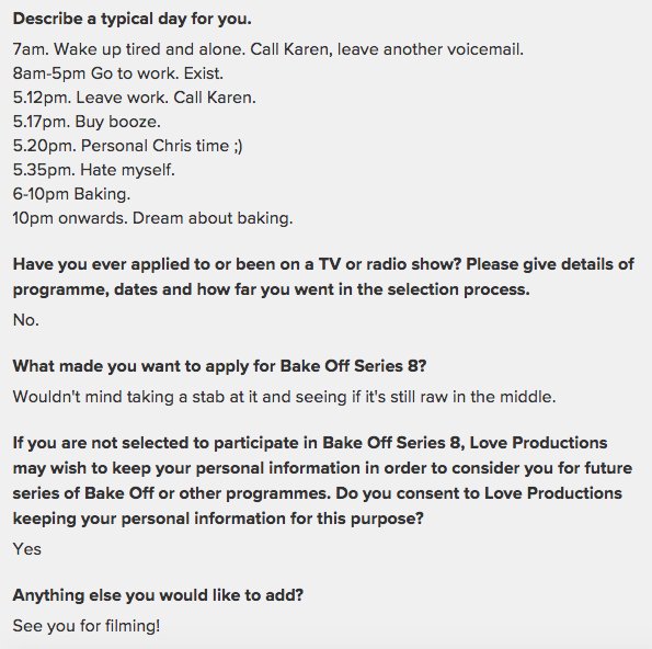 Ellen C Scott (@ellencscott) on Twitter photo In honour of the #GBBO final, I would like to share <a href="/chrisrickett/">Chris Rickett</a>'s application for the show. He could have been this year's winner if <a href="/Channel4/">Channel 4</a>/<a href="/BritishBakeOff/">British Bake Off</a> had just taken a chance In honour of the #GBBO final, I would like to share <a href="/chrisrickett/">Chris Rickett</a>'s application for the show. He could have been this year's winner if <a href="/Channel4/">Channel 4</a>/<a href="/BritishBakeOff/">British Bake Off</a> had just taken a chance