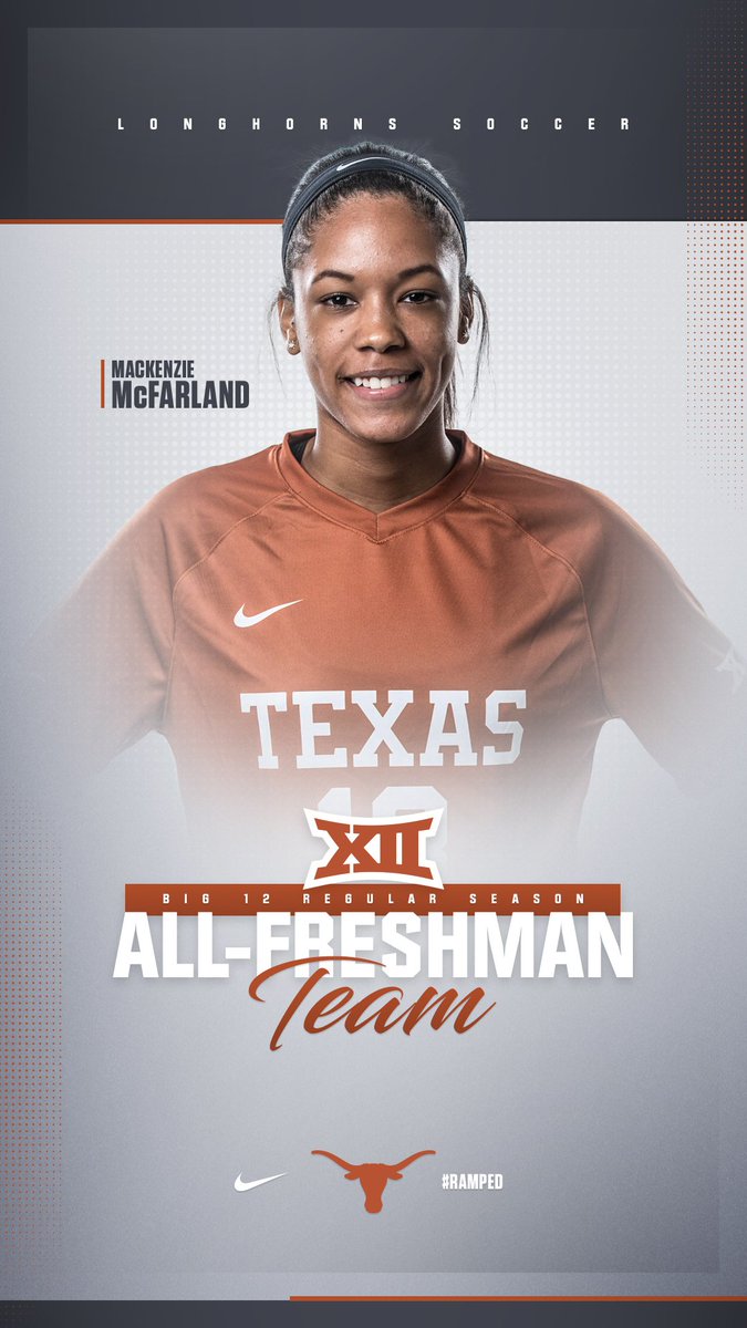 TexasSoccer's tweet photo. FOUR LONGHORNS EARN BIG 12 HONORS! Add in a first-team accolade for @haley_berg23 and an all-freshman nod for @mack_mcfarland1 as UT puts four on the All-Big 12 Teams while receiving two of the three major player awards! 

Read all about the quartet here: https://t.co/yrpJuhRt6N https://t.co/tRub1OlRrS