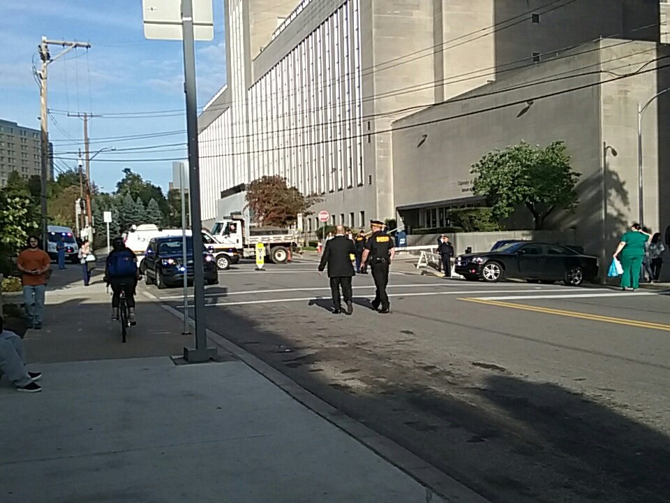 Big police presence on Terrace St. in Oakland.  They shut down the streets in advance of Trump arrival.