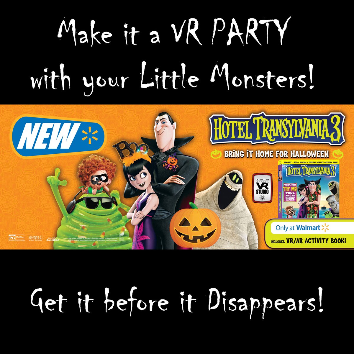 QuantumStorey's tweet photo. Get your Hotel Transylvania 3 VR Studio Blu-Ray Bundle tonight for your Halloween Party this week! Available exclusively at Walmart and https://t.co/BvtOE1hDgZ! https://t.co/sPrS7HcMIr #VR #AR #ARBridgeVR #VirtualReality #AugmentedReality #VRBook #VRStudio #HotelT3 https://t.co/gmk7LkJaLS