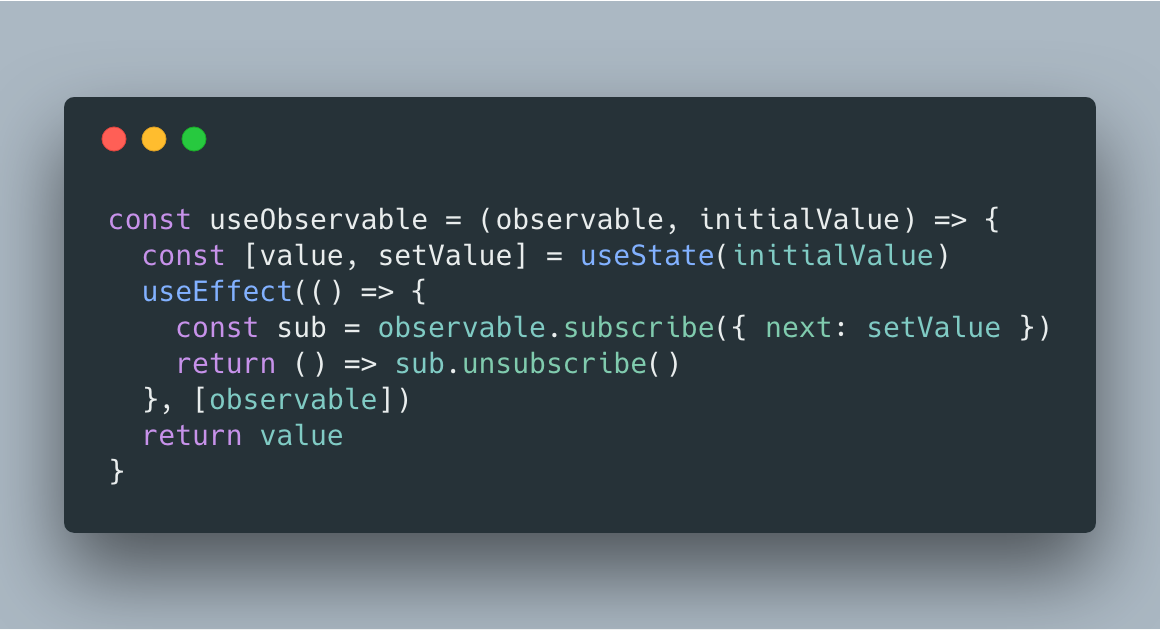 It's so easy to use #rxjs observables in a component with #ReactHooks... I might be hyped, but the more I use hooks the more I like them 😅