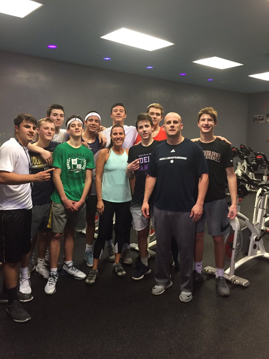 HASDTigers's tweet photo. Ms. Heinlein has a spin class for the boys’ basketball team for any player who wanted to do some pre-season conditioning. Mr. Klausman joined them too! https://t.co/UyTztqWGzi