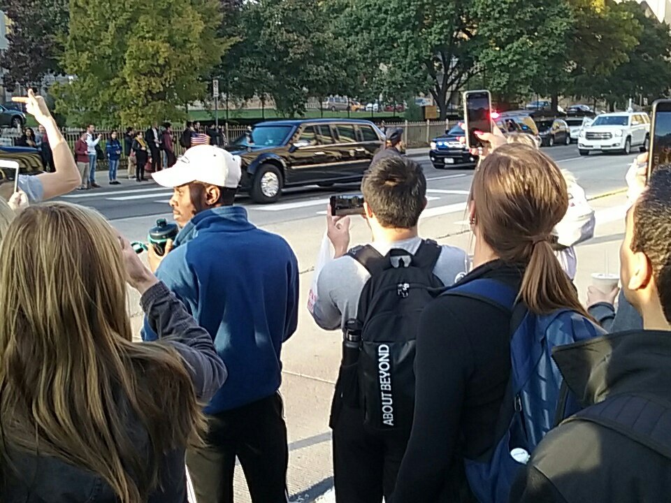 Trump arrives at UPMC Presby as students chant "Just go home."