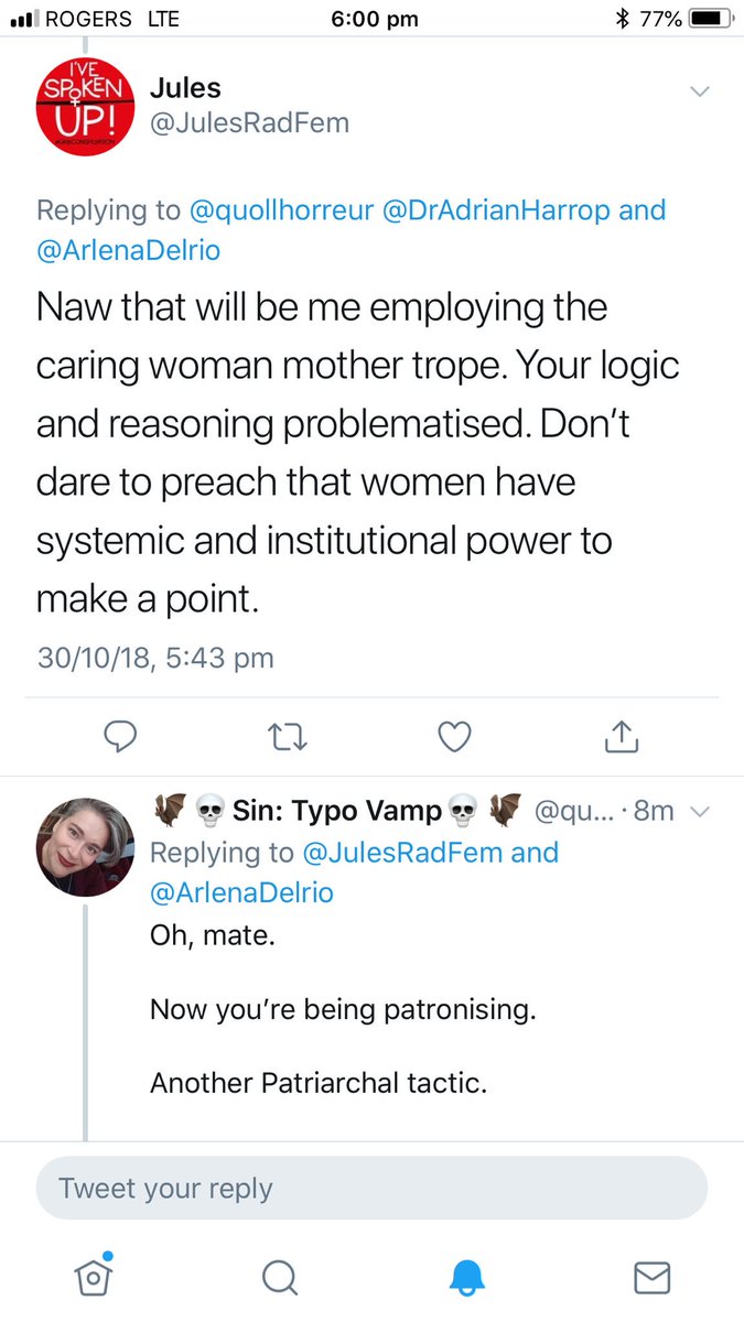 Apparently Jules can’t help herself and goes on with the patronising. Another Patriarchal tool. My 80 year old mum is less of a bigot than Jules.  #TERFgoggles