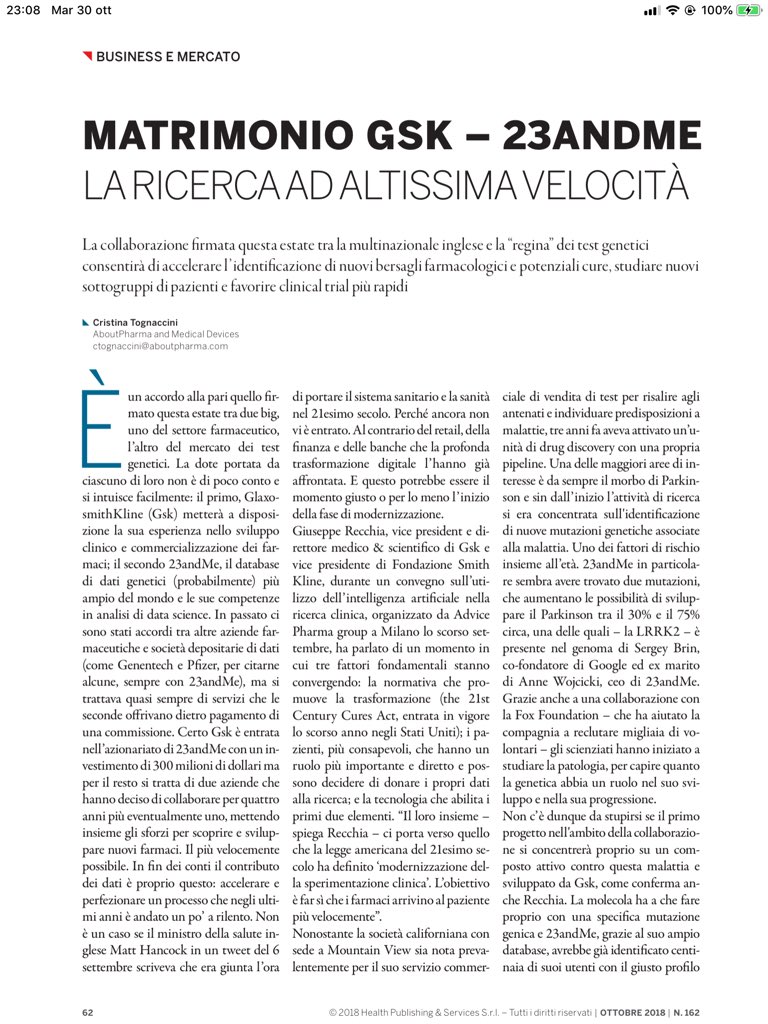 Su <a href="/AboutPharmaHPS/">AboutPharma</a> ottobre 2018 la mia intervista su accordo <a href="/23andMe/">23andMe</a> e GSK per identicare nuovi bersagli biologici geneticamente validati ed accelerare la scoperta di nuovi farmaci...futuro #DrugDiscovery <a href="/maxmac61/">massimo ascani</a>