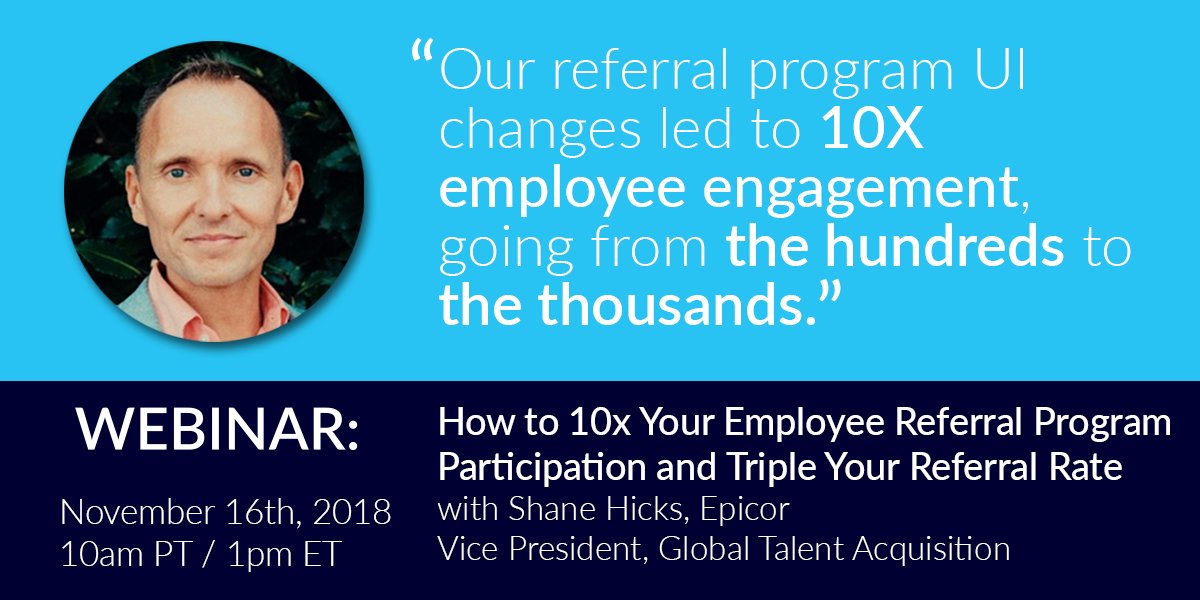 RolePoint's tweet photo. Shane Hicks, Epicor Software's Vice President of Global Talent Acquisition, joins us in our upcoming webinar to share tips for increasing Employee Referral Program engagement. @shanehicksuk #employeereferrals #employeeengagement

Save your seat today! 
https://t.co/zyTMdD1ylf https://t.co/7Dw6X199Mt
