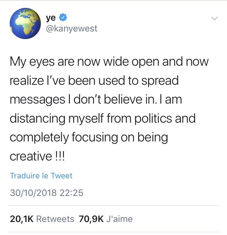 Sobermedia's tweet photo. [NEWS] 

Dans une série de tweets, Kanye West explique qu’il souhaite prendre ses distances avec la politique. Selon lui, il a été manipulé pour répandre des messages auxquelles il ne croit pas. Ce dernier prône la compassion pour les immigrés et l’amour en général. https://t.co/9vjAl2n6Du