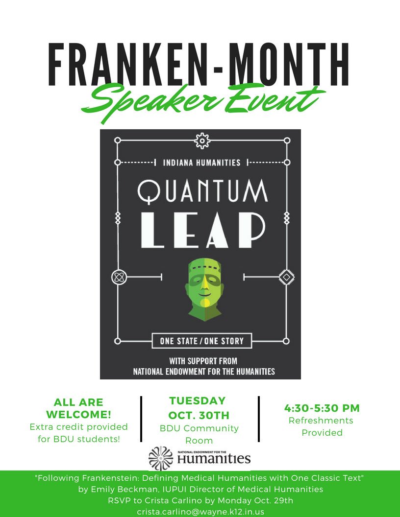 MrsCarlino's tweet photo. Following Frankenstein- Defining Medical Humanities with One Classic Text #wearewayne Thank you to Emily Beckman from @IUPUI for the engaging talk! #onestateonestory #200yearsofFrankenstein https://t.co/YePQ5LIarf