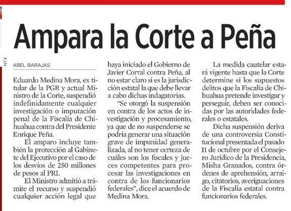 Primer acto: <a href="/EPN/">Enrique Peña Nieto</a> nombra a su cuate Eduardo Medina Mora a la Suprema Corte. Segundo acto: gobierno de Chihuahua destapa cloaca de corrupción que involucra al PRI. Tercer acto: el cuate del presidente le otorga un amparo. ¿Cómo se llamó la obra? “Friends”
