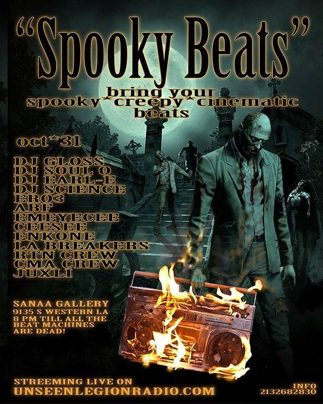 ProjectBlowed's tweet image. Join EnkOne on #halloween night in South LA
@Regran_ed from @enkone -  SPOOKY BEATS 2 beat party! (1) Grab your scary/fly/sexy shit
(2) come out to #SpookyBeats2
(3) vibe out with the homies to some macabre and scary beats and creepy-ass art! A one-of-kind audio/visual exper…